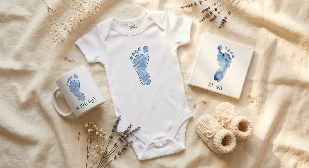 Baby footprint keepsakes - onesie, mug, and canvas print