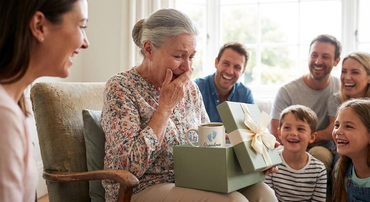 Grandmother receiving baby footprint mug as gift