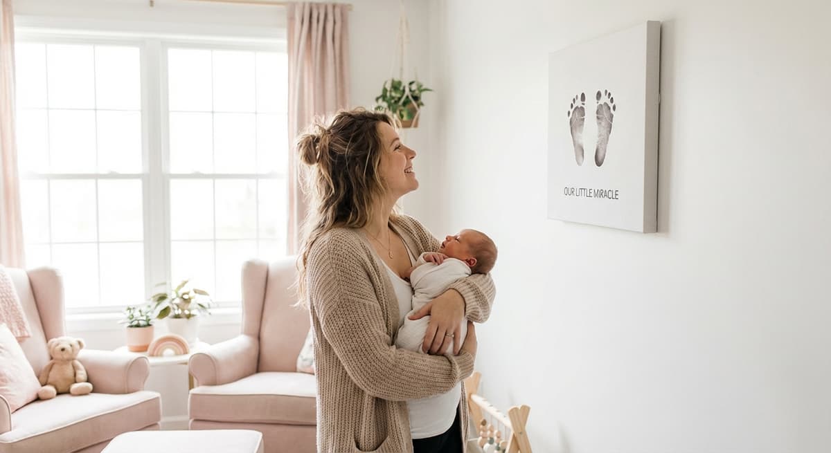 Happy mother with baby looking at footprint canvas in nursery