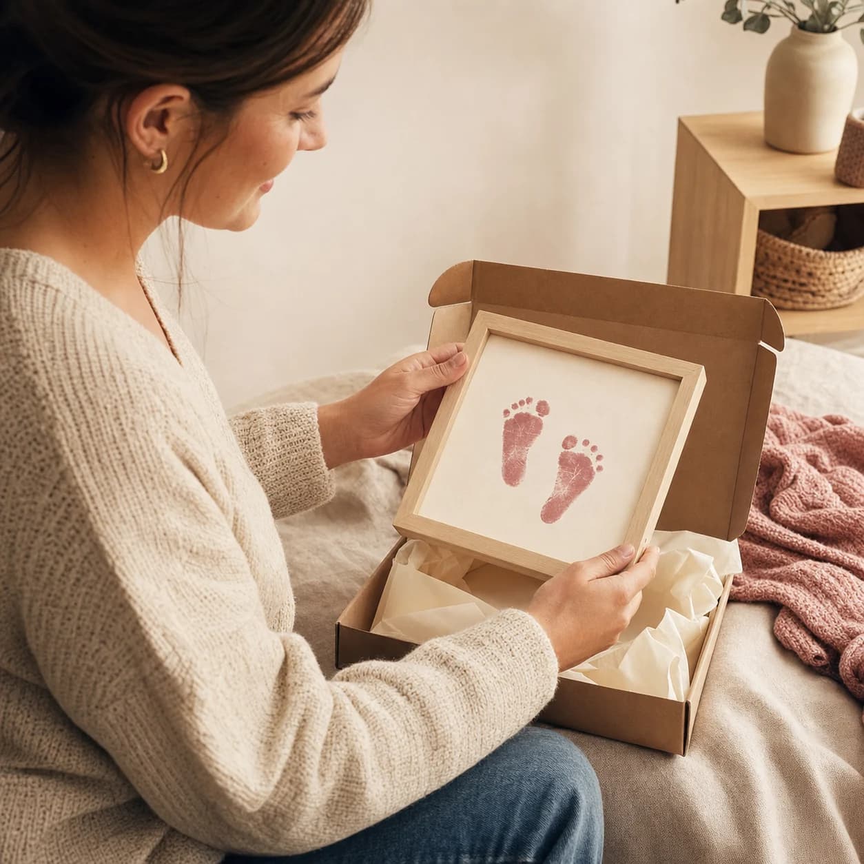 A parent unboxing a framed baby footprint keepsake at home