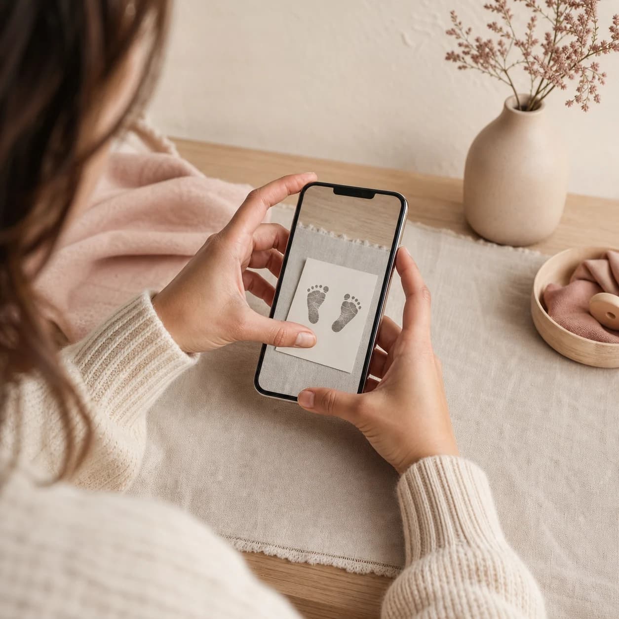 A parent photographing a baby footprint card with a smartphone