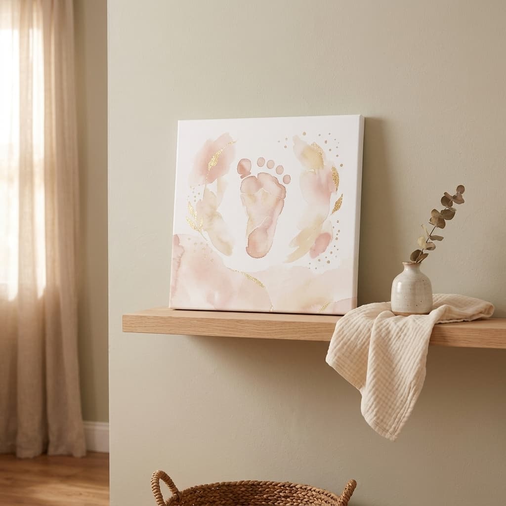 Beautiful nursery with baby footprint artwork
