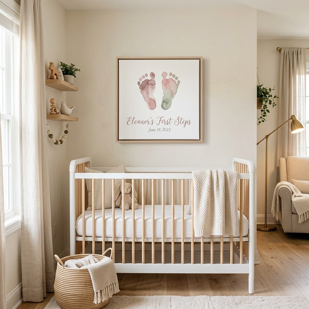 Beautiful nursery with baby footprint artwork