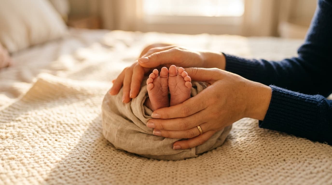 A parent's hands cradling a newborn's feet